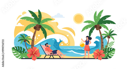 A vibrant and cheerful graphic featuring tropical leaves and ocean waves, conveying relaxation, paradise, and a positive, summery mood. Great for trav