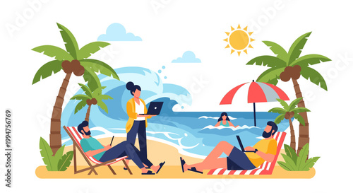 A cheerful illustration evokes a relaxing tropical vibe, ideal for travel advertising, website design, or social media content conveying leisure and e