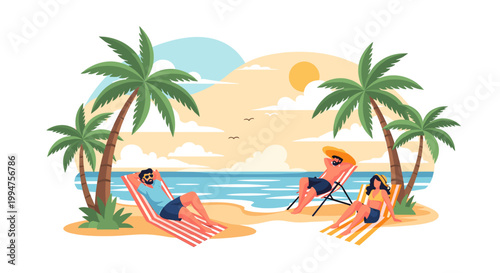 A cheerful illustration depicting a palm tree on a sandy beach with ocean waves, evoking feelings of relaxation and ideal for vacation marketing.
