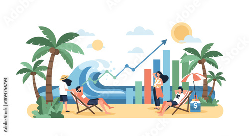 A peaceful and inviting illustration featuring a palm tree, beach, and ocean, evoking a sense of relaxation and perfect for travel marketing or social