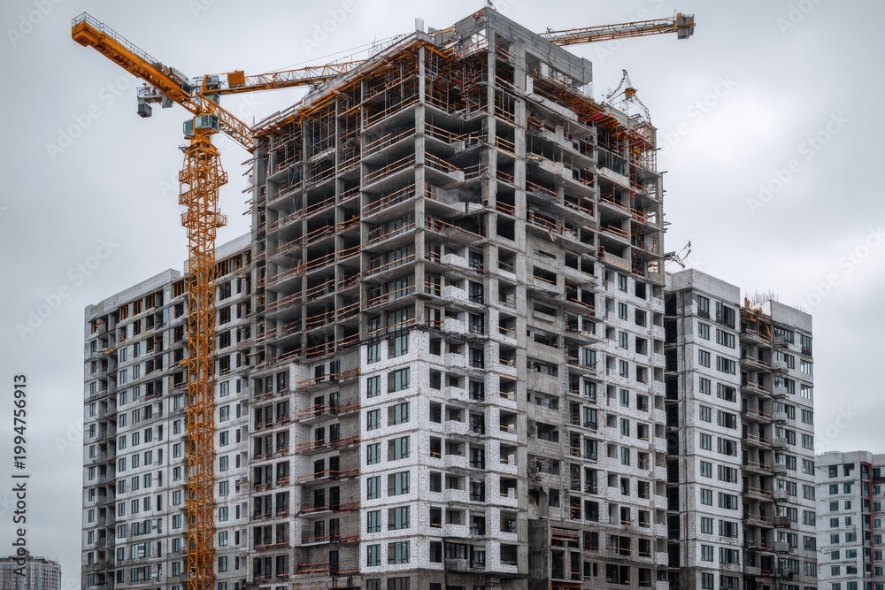 Fototapeta premium Tall unfinished concrete building with cranes against a cloudy sky