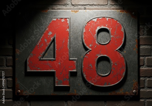 Vintage metal sign with bold red number forty-eight