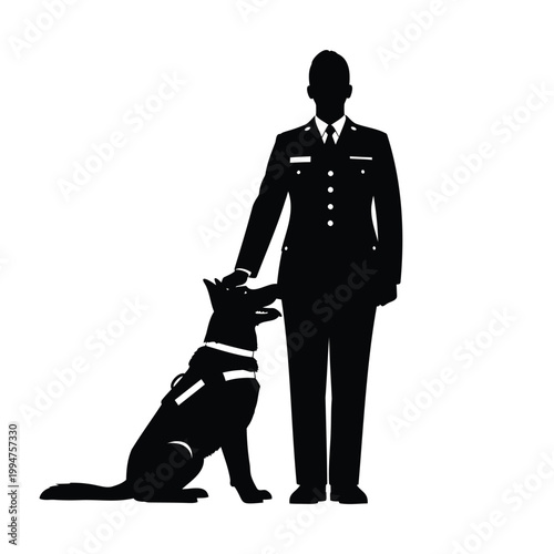 Silhouette of a police officer and their german shepherd dog standing together