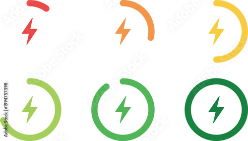 Circle battery charging indicators with lightning symbol icon set. Charge level round diagram infographic vector graphic. Battery capacity progress bar indicator. Circular accumulator power symbol.