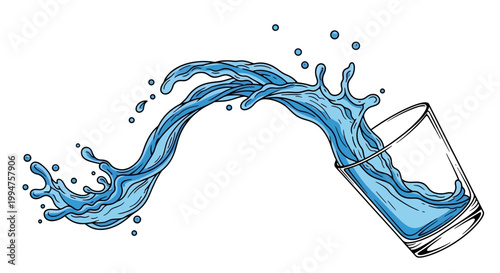 Water splashing out of glass cartoon illustration on white background