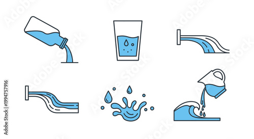 Water Pouring Splashing and Flowing Linear Icon Set
