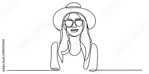 Continuous one line drawing of a woman in a sun hat