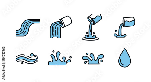 Flat Water Flow and Splash Icon Set Collection