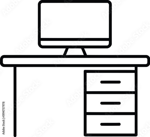 Professional office workspace linear illustration showing a computer desk with storage drawers for business interior and home study area themes.