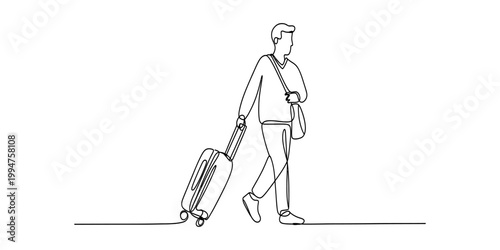 Man walking with a travel suitcase continuous line drawing