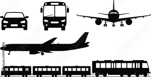 Transportation vector silhouette set including passenger car bus airplane and train isolated on white background for logistics and travel industry icons.