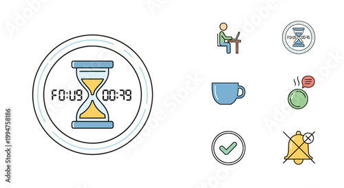 Time management and productivity icons set with hourglass and various activity symbols.