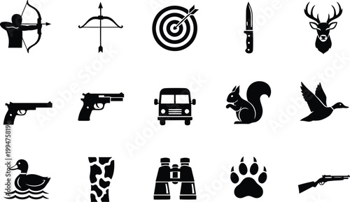 Hunting and outdoor icons set with animals and weapons