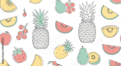 Seamless pattern with hand-drawn tropical fruits and berries on white background.