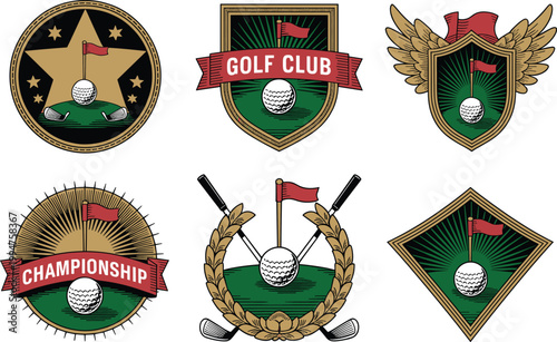 A collection of vintage style golf emblems and icons featuring flags stars and laurel wreaths showcasing a sporty aesthetic high quality professional detailed