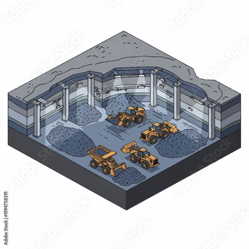 Underground mining operation with heavy machinery and extracted resources.