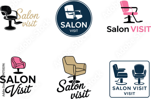 This image showcases various salon chair designs and logos including differing colors and arrangements of branding high quality professional detailed modern elegant stylish