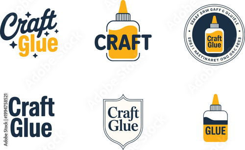 This image displays multiple variations of craft glue branding including logos badges and standalone bottle illustrations high quality professional detailed modern elegant stylish