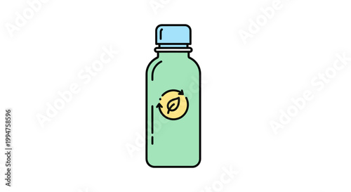 Eco-friendly reusable water bottle with recycling symbol on label.