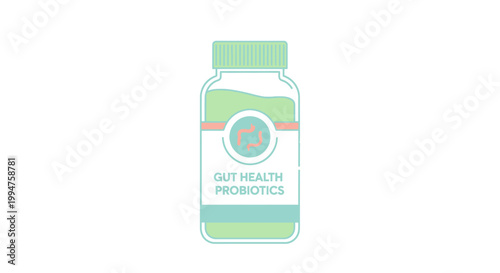 Illustration of a gut health probiotics bottle with a green cap and label.