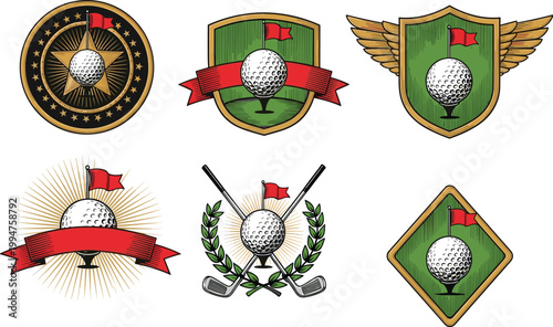 A collection of vintage style golf emblems featuring golf balls flags wings and decorative ribbons and laurels high quality professional detailed modern elegant
