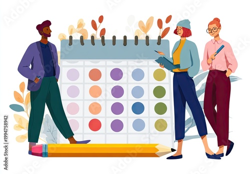 Team plans around a calendar, using a giant pencil, fall leaves
