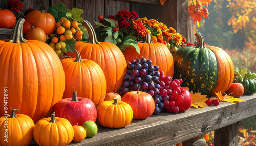 Autumn Harvest Fruits and Pumpkins