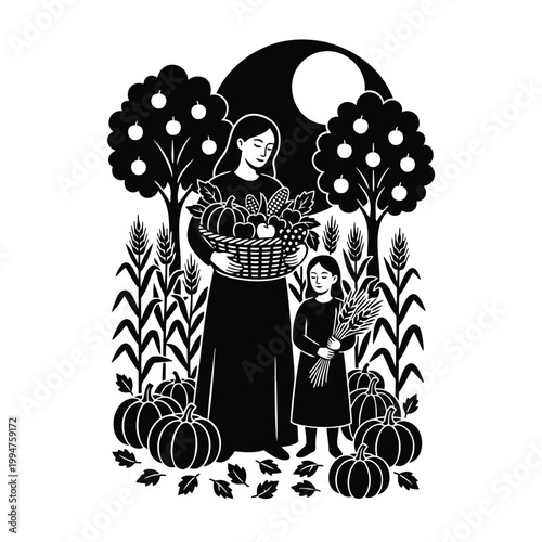 Black and white illustration of a woman and girl harvesting pumpkins and fruits in a field at night