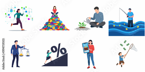 Modern Flat Design Illustration Set of People Engaged in Business, Finance, Technology, and Digital Concepts
