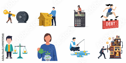 Flat Design Investment Saving and Debt Management Personal Finance Business Illustration Set