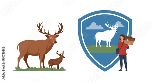 A majestic stag and a fawn stand on grassy terrain, while a separate illustration depicts a white stag within a shield emblem alongside a woman carrying a briefcase.