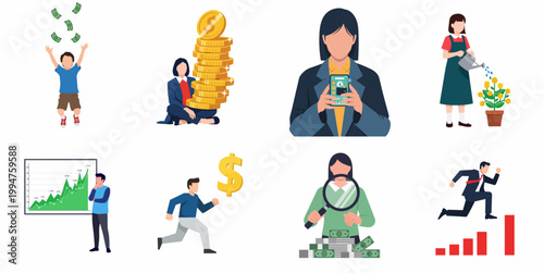 Modern Flat Design Character Illustration Set Showing Financial Growth Business Success Investment Concepts Collection