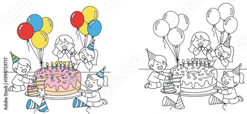 Happy children celebrating birthday party with giant donut cake and balloons, colored and outline versions for coloring book, kids having fun at celebration vector illustration.