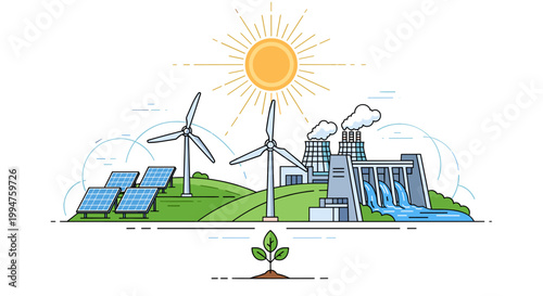 Illustration of renewable energy sources including solar panels, wind turbines, and a hydroelectric dam, symbolizing sustainable power generation and environmental protection.