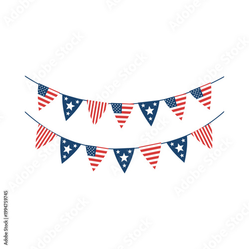 American flag bunting garland with stars and stripes hanging on a string outdoors.
