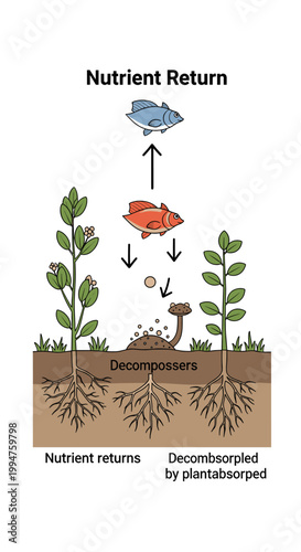 Diagram illustrating the nutrient return cycle in an ecosystem, showing decomposers breaking down organic matter and plants reabsorbing nutrients.