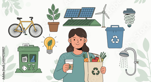 A woman holding a reusable shopping bag filled with groceries, surrounded by symbols of sustainability and eco-friendly living.