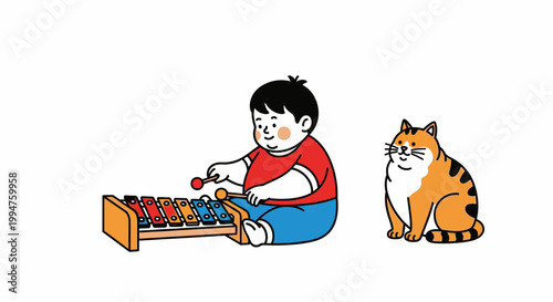Young Child Playing Xylophone with Adorable Cat Companion.