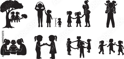 Black silhouette vector icons of diverse family relationships and interactions isolated on transparent background