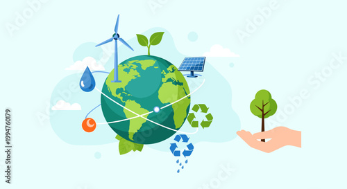 Illustration of Earth with renewable energy sources and symbols of environmental protection, emphasizing sustainability and ecological balance.