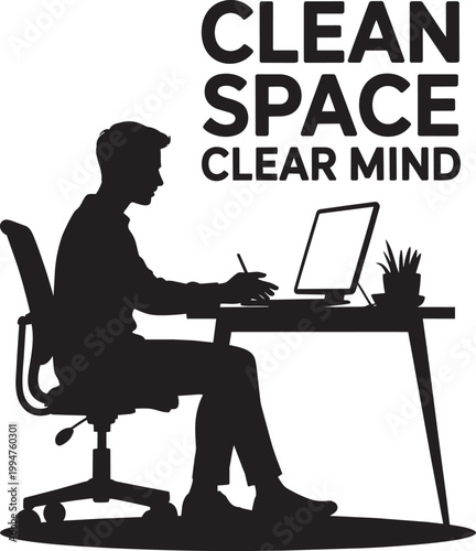 Person sitting at clean desk with laptop silhouette, focused work icon set for pen and focus