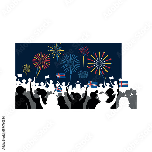 People celebrate with fireworks and Icelandic flags at night event.