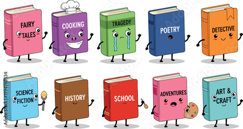 A delightful set of colorful cartoon book characters representing various genres like fairy tales, science fiction, and cooking, perfect for educational library posters and literacy.