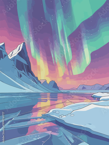 Aurora Borealis Over Frozen Arctic Landscape