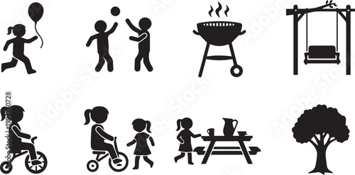 Vector icons of children playing outdoors in a park with playground equipment and barbecue