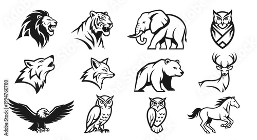A collection of bold black and white wild animal logos and mascots.