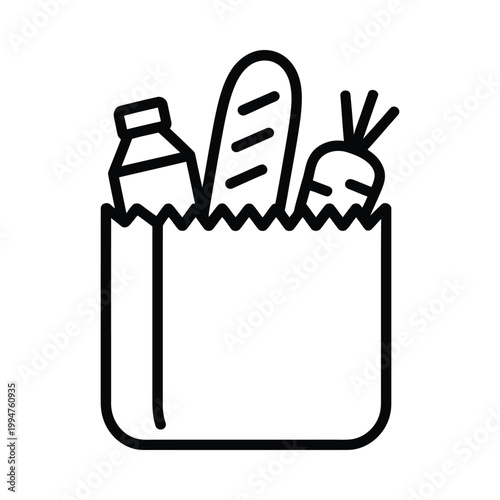 Line drawing of a paper bag filled with groceries and food items