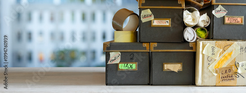 grungy messy cardboard storage boxes and paperwork. Business concept for bureaucracy, messy archive,overworked,sloppy corporate culture. Blurred office building in the back,panoramic,free copy space
