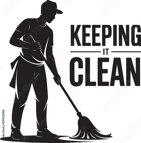 Person with mop silhouette cleaning floor, keeping it clean logo with black and white icon set
