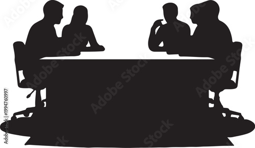 business people silhouettes including a business woman sitting at a table working together in an office setting vector illustration